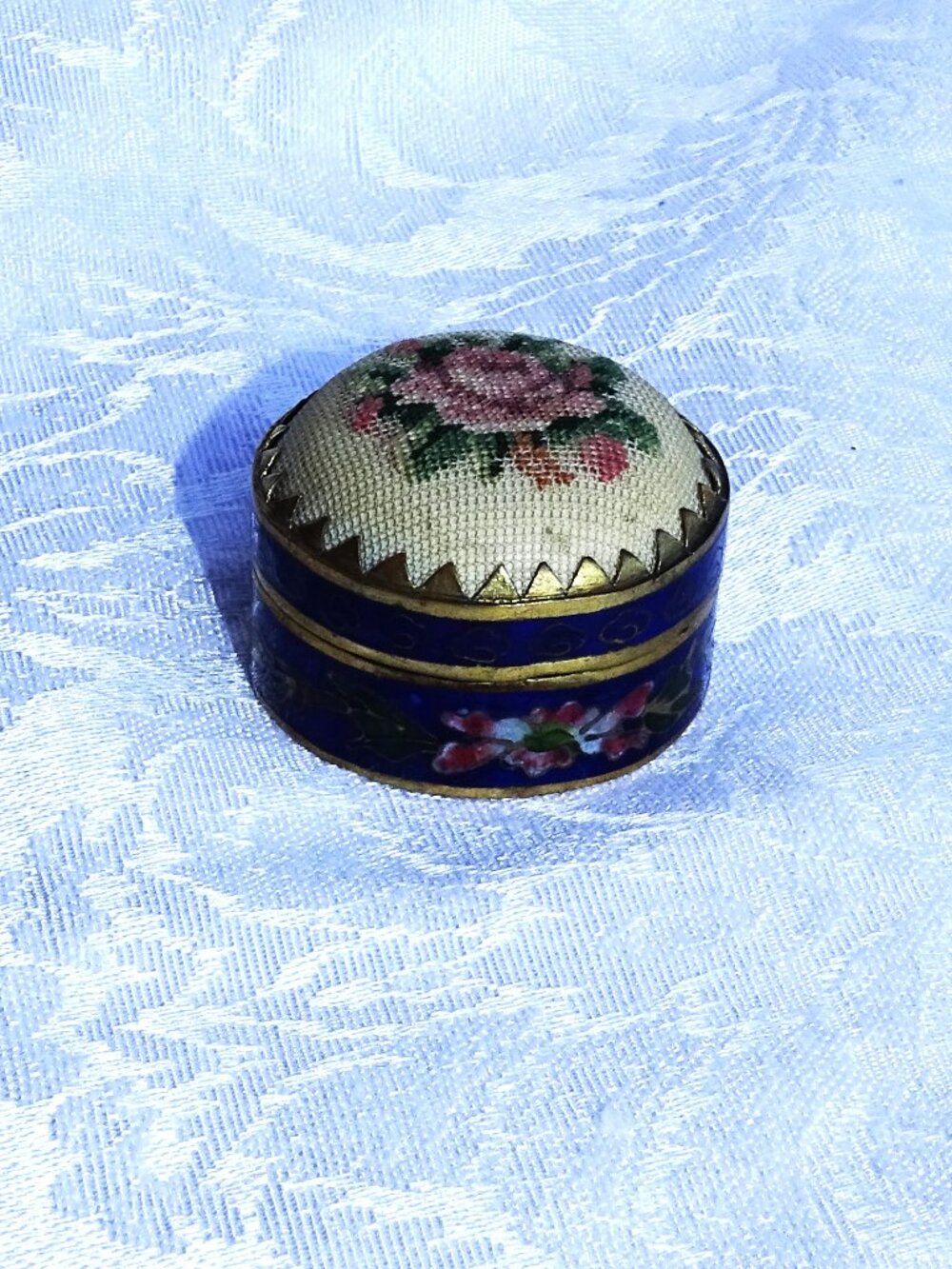 Vintage Cloisonne and Tapestry Round Pill Box
